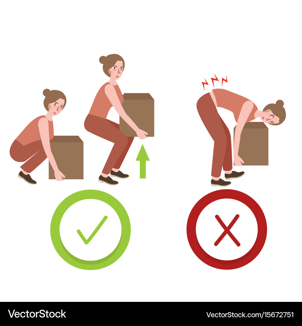Correct and wrong posture way lifting large object vector image
