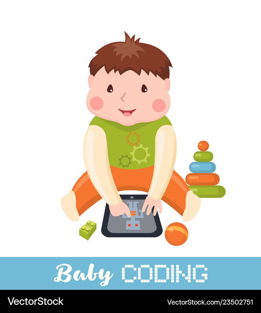 Little boy learning coding on tablet Little boy learning coding on tablet vector image