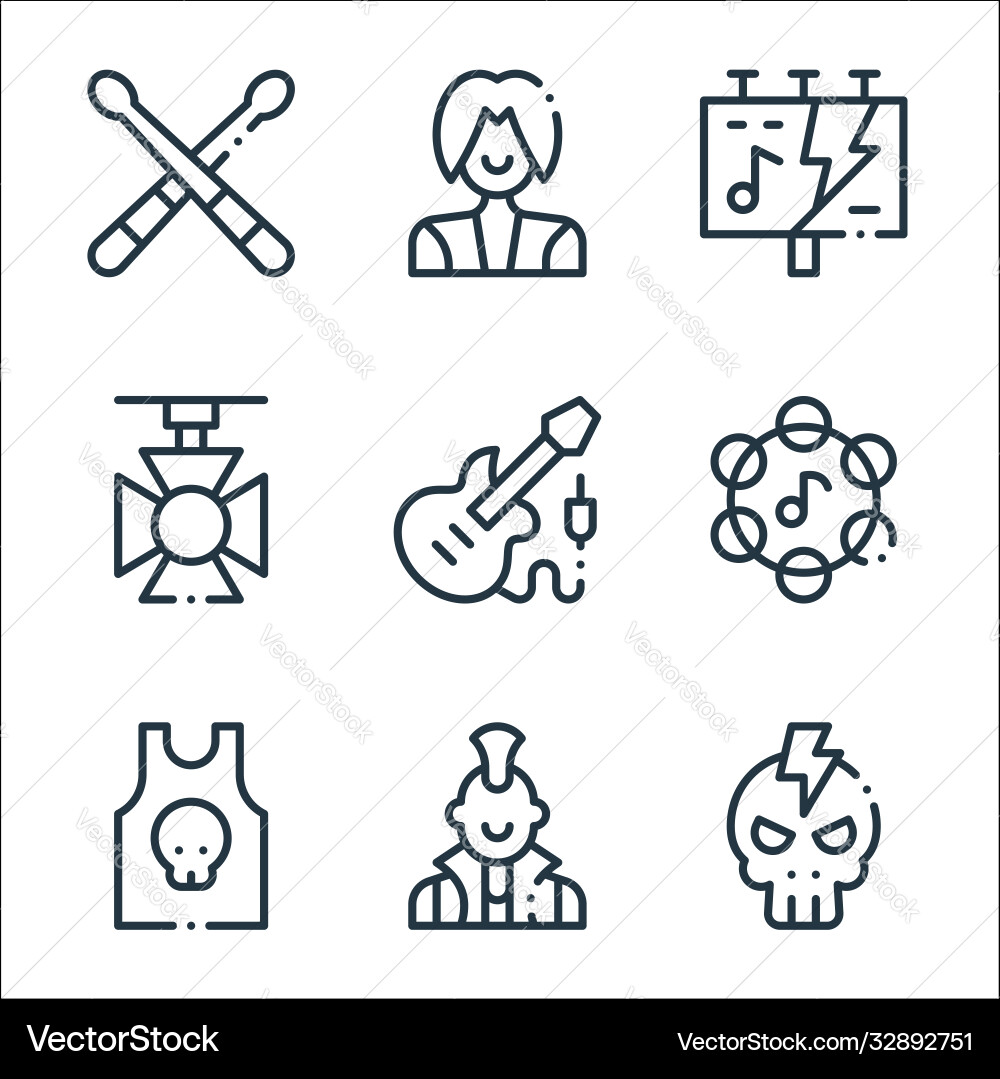 Rock n roll line icons linear set quality Rock n roll line icons linear set quality vector image