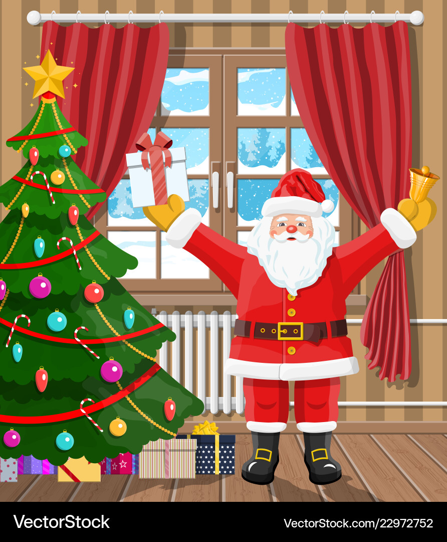 Weihnachtsmann im Zimmer mit Weihnachtsbaum und Geschenke Weihnachtsmann im Zimmer mit Weihnachtsbaum und Geschenke Vektorbild