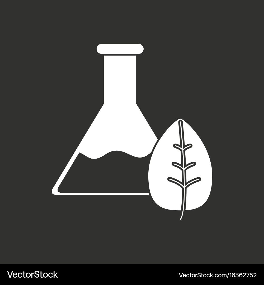 White icon on black background lab flask with leaf vector image