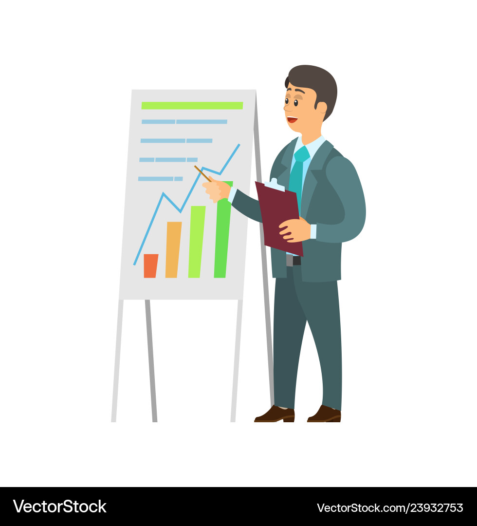 Man making report near board with graphs and chart Man making report near board with graphs and chart vector image