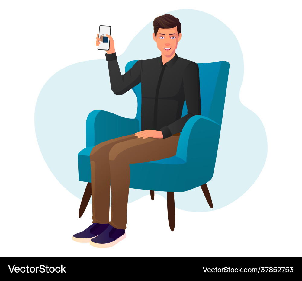 Man ordering from home using phone and sitting Vector Image