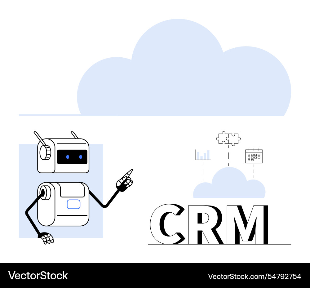 Friendly robot promoting cloud-based crm solutions Friendly robot promoting cloud-based crm solutions vector image
