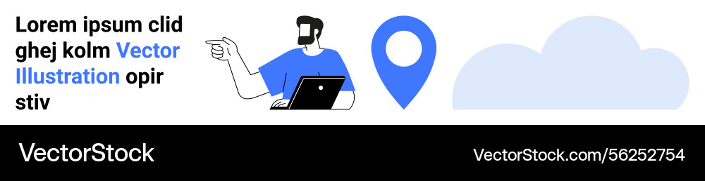 Man with laptop pointing at cloud and location pin Man with laptop pointing at cloud and location pin Vector Image