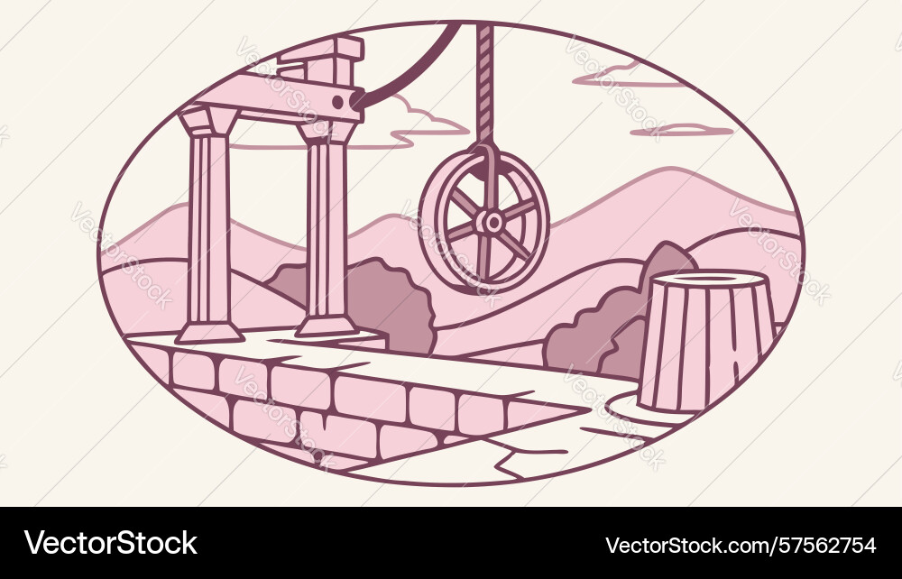 Stylized well in circular frame with abstract vector image