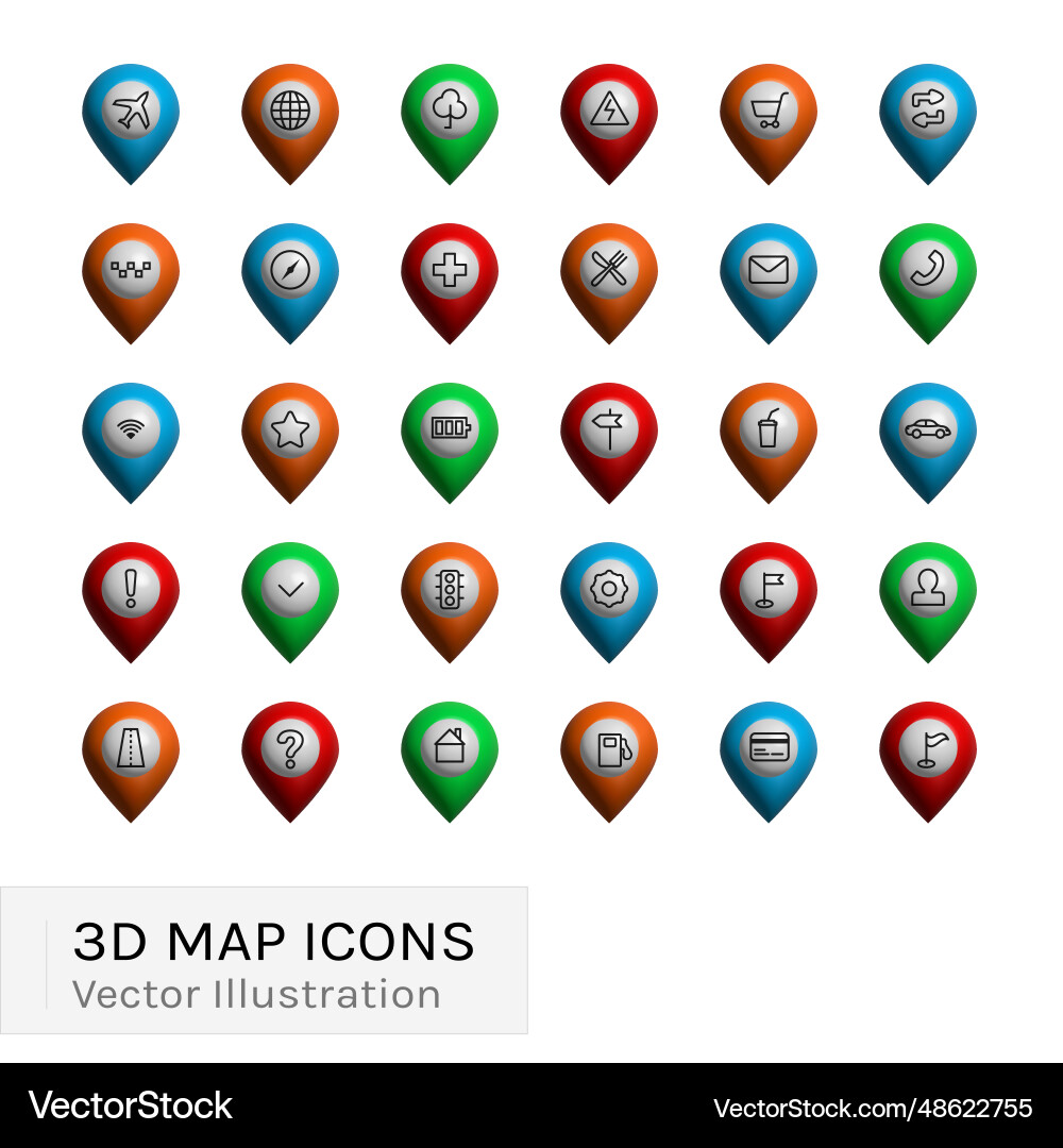 3d map pins set with different icons 3d map pins set with different icons vector image