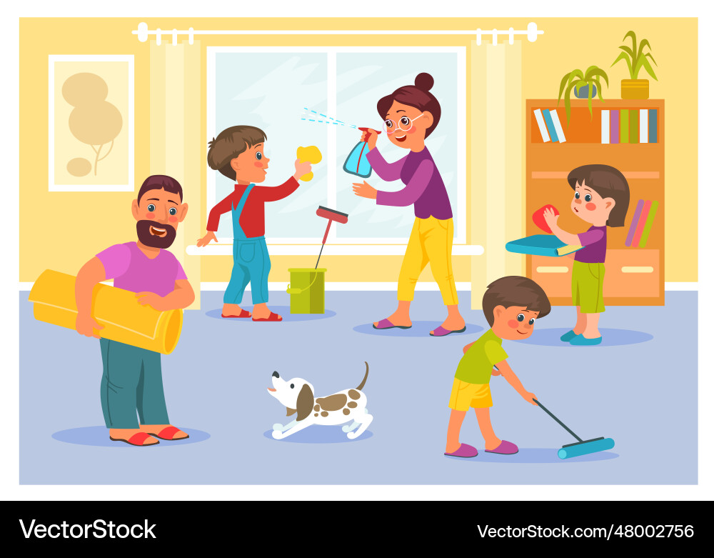 Glückliche Familie aufräumen Zimmer Kinder helfen Glückliche Familie aufräumen Zimmer Kinder helfen vektorbild
