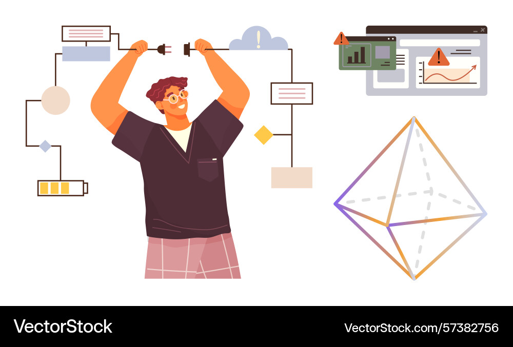 Man connecting digital workflow with charts data Man connecting digital workflow with charts data vector image