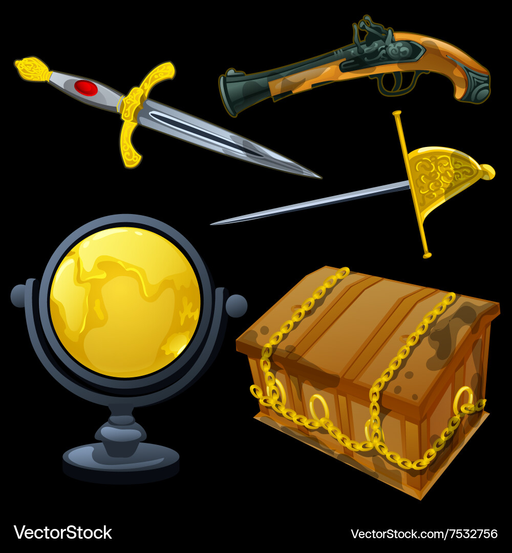 Set of ancient weapons and golden globe Royalty Free Vector