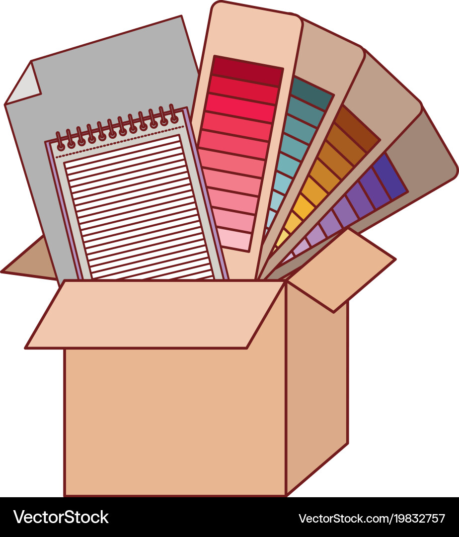 Cardboard box and color palette guide notebook vector image