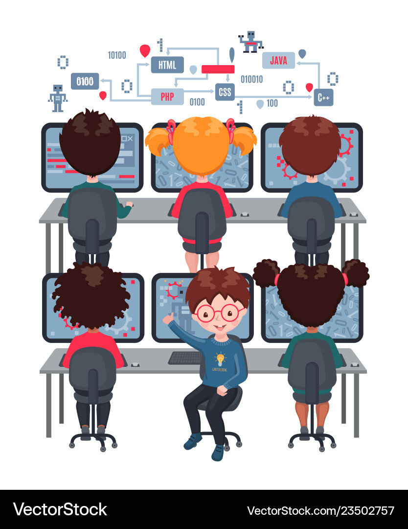 Kids learn coding on laptops in school Kids learn coding on laptops in school vector image