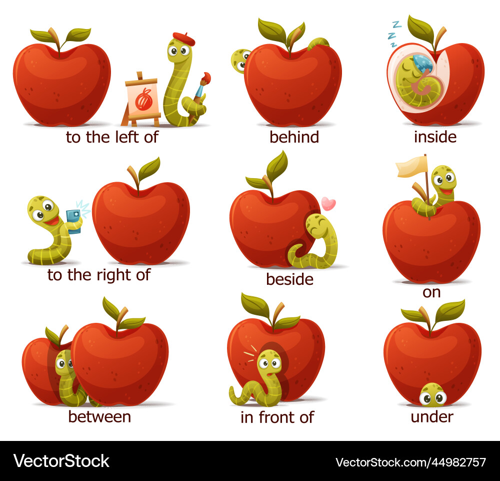 Red Apple with Worm - Preposition Learning Vector Image