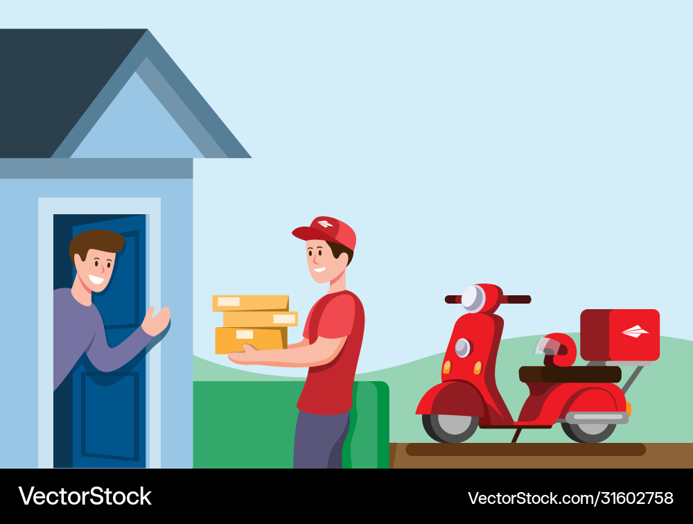 Courier boy delivery package to customer using mot Vector Image