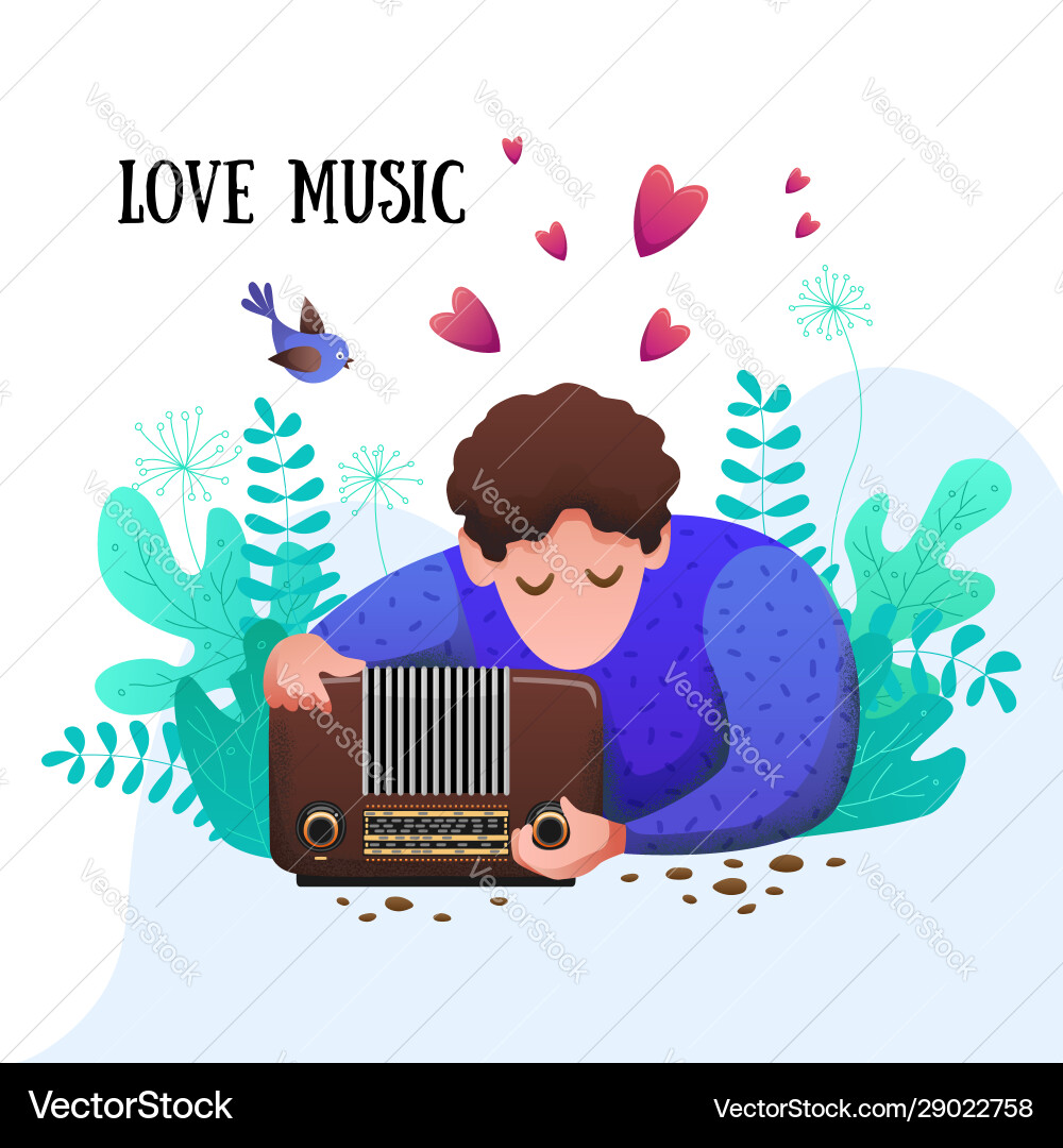 Romantic flat banner a young man listens to music Romantic flat banner a young man listens to music vector image