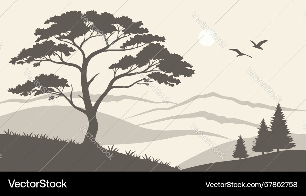 Tree on hill with birds and abstract clouds Vector Image