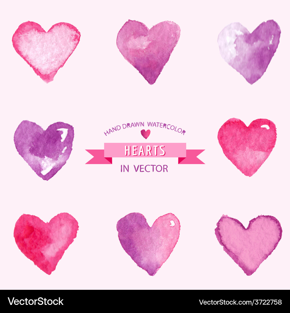 Watercolor Hearts - Hand Drawn Collection Vector Image