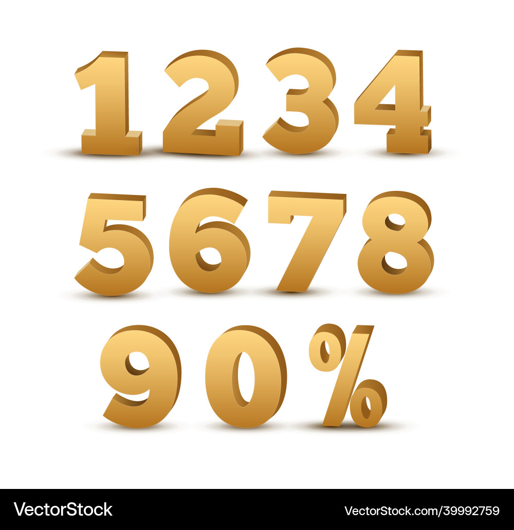 3d golden numbers set font gold text 3d golden numbers set font gold text Vector Image