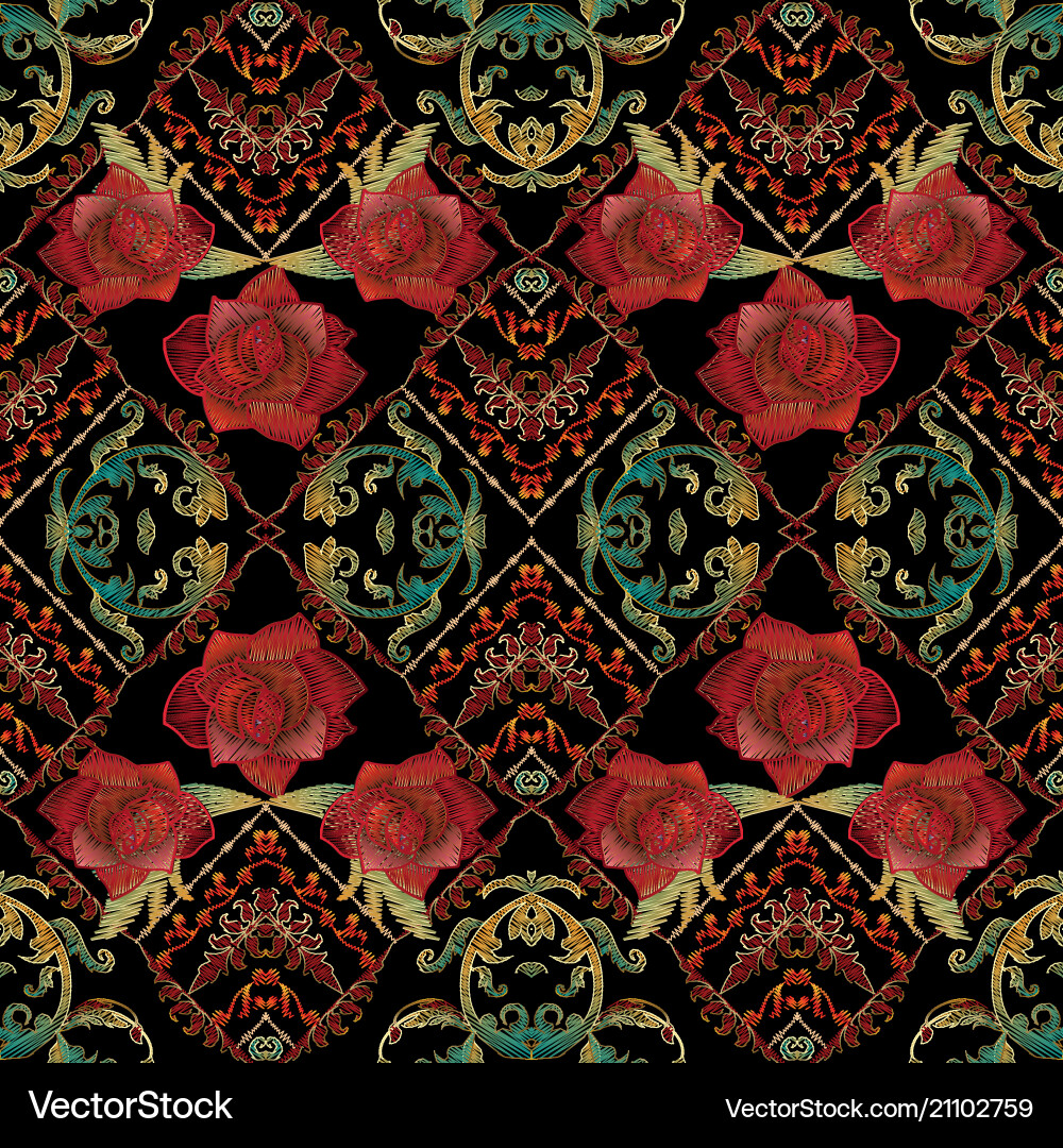 Embroidery roses seamless pattern baroque Embroidery roses seamless pattern baroque vector image
