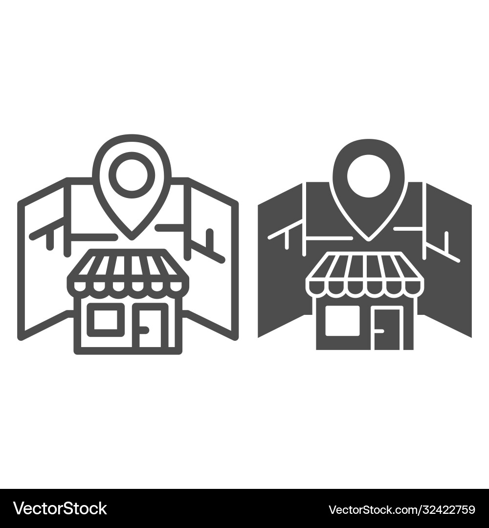 Map and store with location marker line solid Map and store with location marker line solid vector image