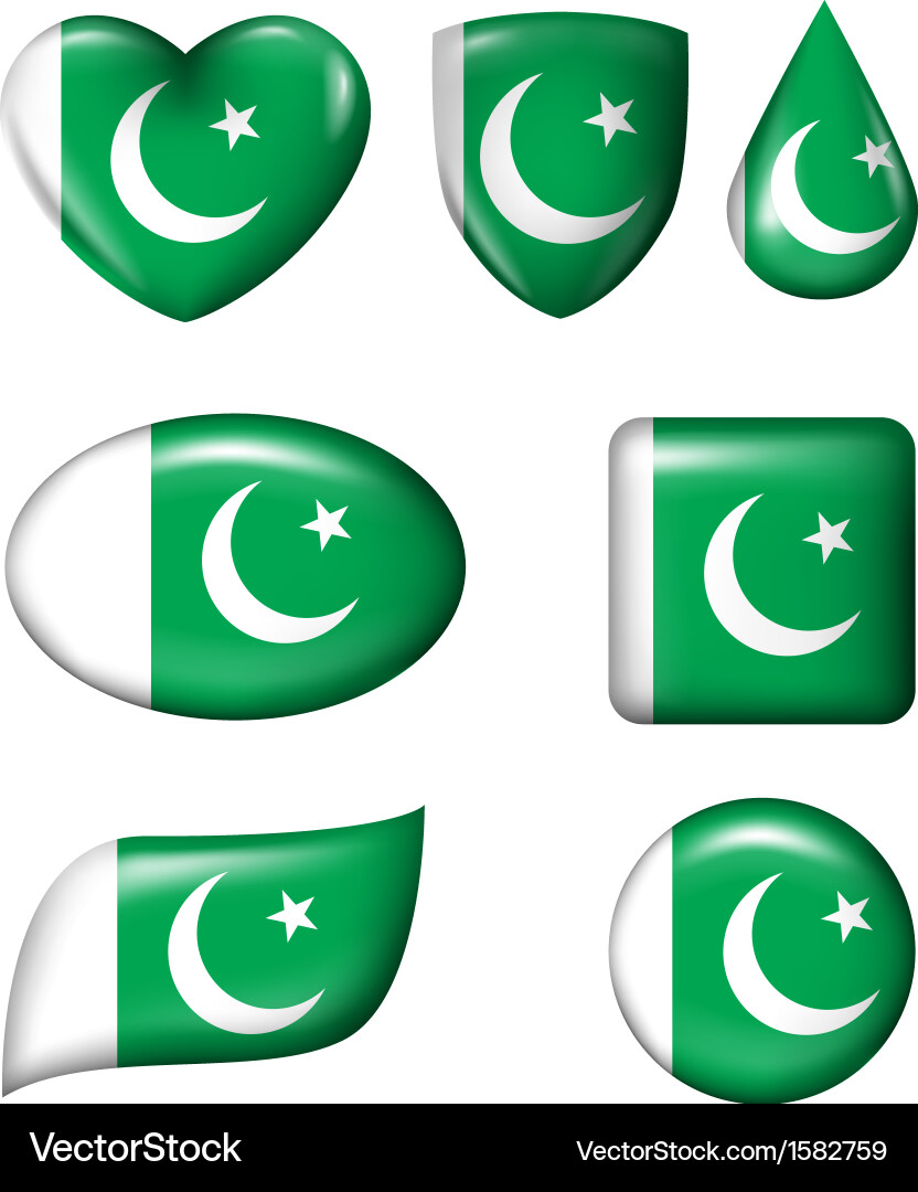 Pakistan Flag Buttons - Glossy & Diverse Shapes vector image