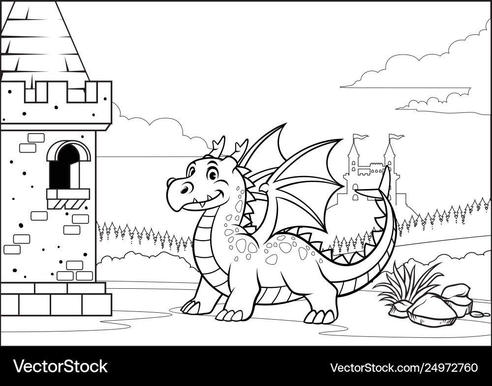 Dragon and Castle Coloring Page Vector Image