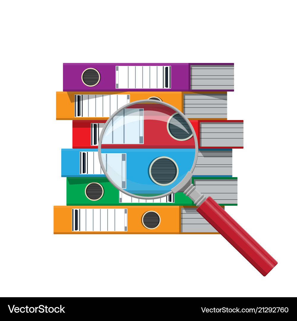 Files in hand ring binders and magnifying glass Files in hand ring binders and magnifying glass vector image