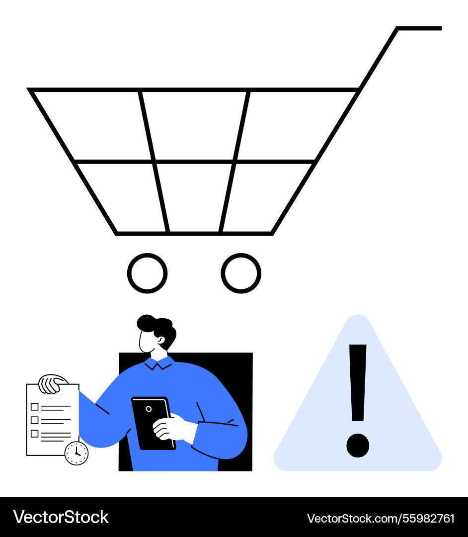 Man with checklist and warning sign under shopping Man with checklist and warning sign under shopping vector image