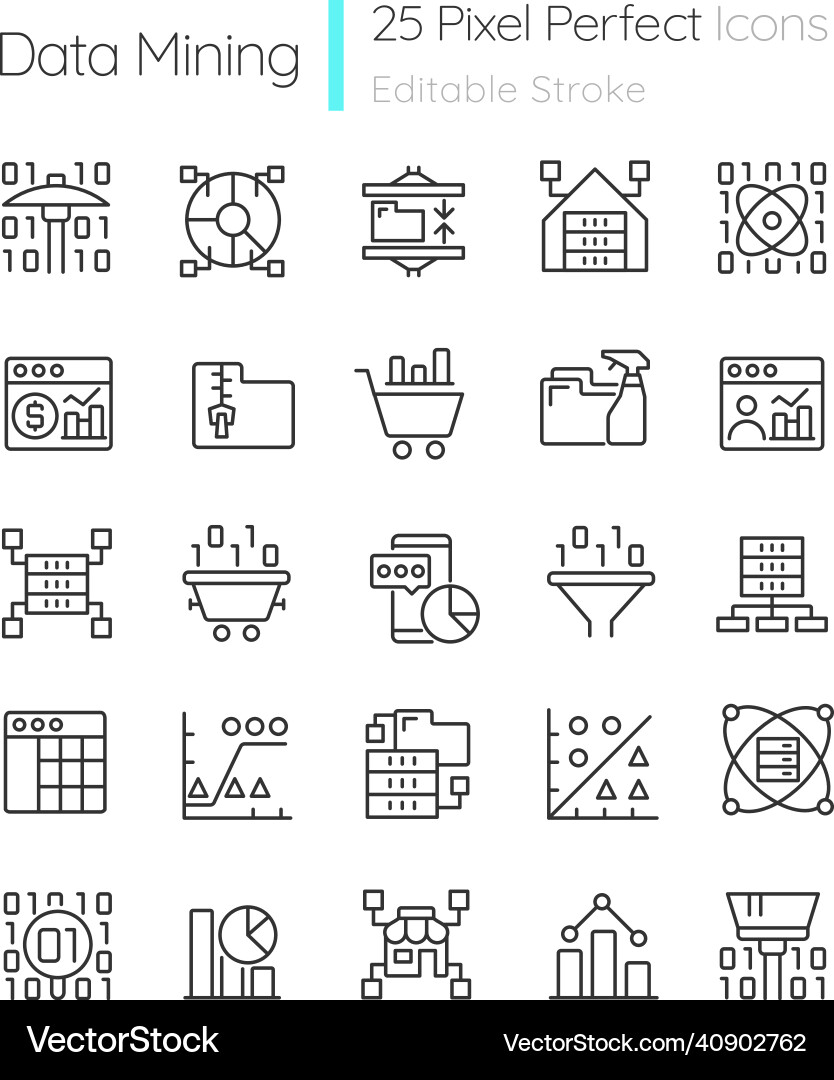 Data mining linear perfect pixel icons set Data mining linear perfect pixel icons set vector image