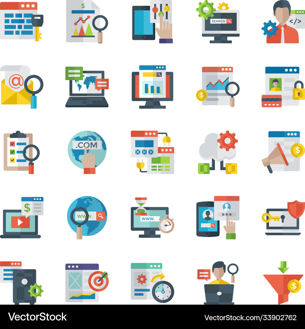 Flat icons set search engine optimization vector image