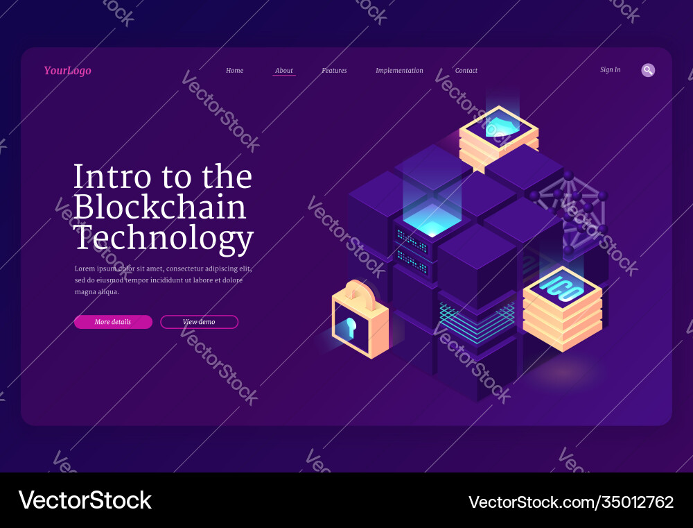 Intro to blockchain technology isometric landing Intro to blockchain technology isometric landing vector image