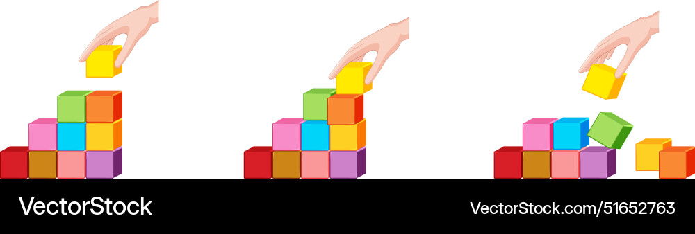 Hand stacking colorful blocks in sequence Hand stacking colorful blocks in sequence vector image