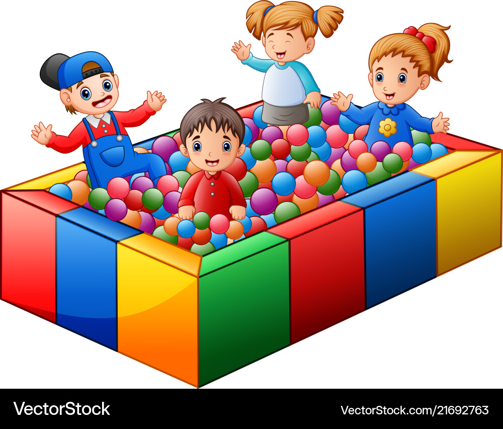 Kinder spielen auf bunten Bällen Pool Kinder spielen auf bunten Bällen Pool Vektorbild