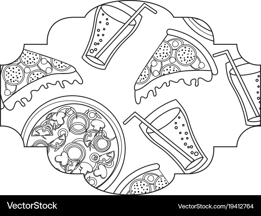 Frame with pizza and soda pattern background Vector Image