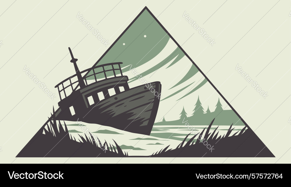 Shipwreck scene within a geometric triangle frame Vector Image