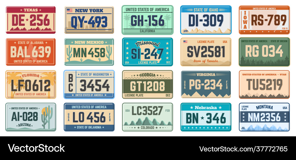 Car number plates vehicle use states license Car number plates vehicle use states license vector image