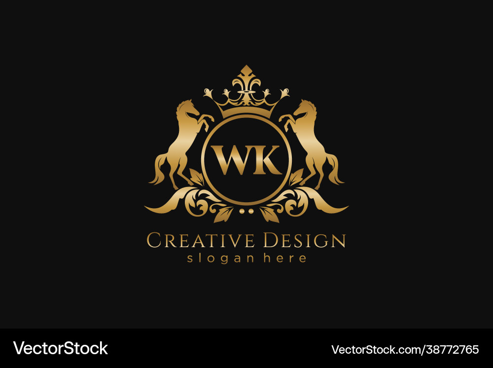 Initial wk retro golden crest with circle and two Initial wk retro golden crest with circle and two vector image