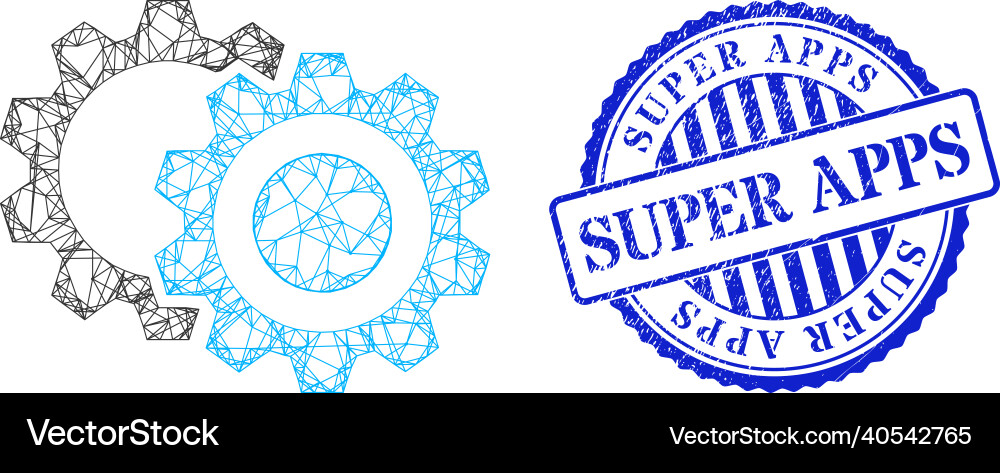 Rubber super apps badge and network gears web mesh Rubber super apps badge and network gears web mesh vector image
