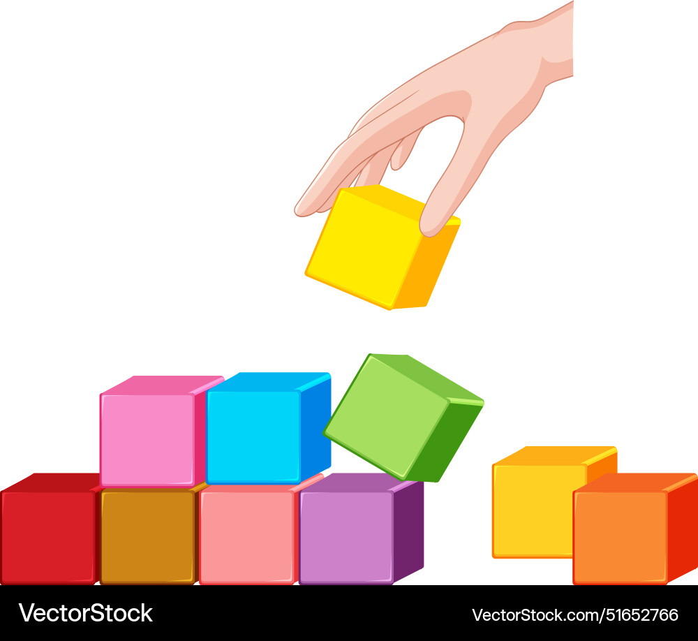 Hand placing colorful blocks in a stack Hand placing colorful blocks in a stack Vector Image