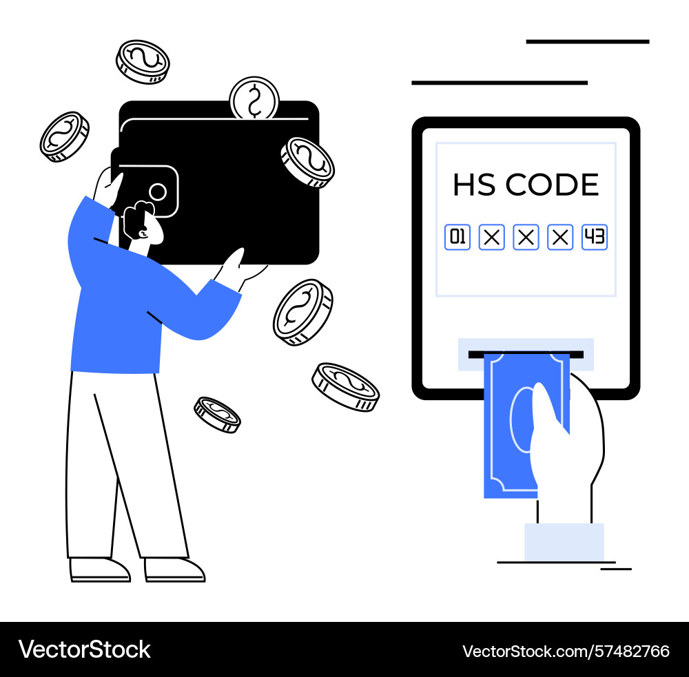 Man handling wallet with coins while inputting hs Man handling wallet with coins while inputting hs vector image