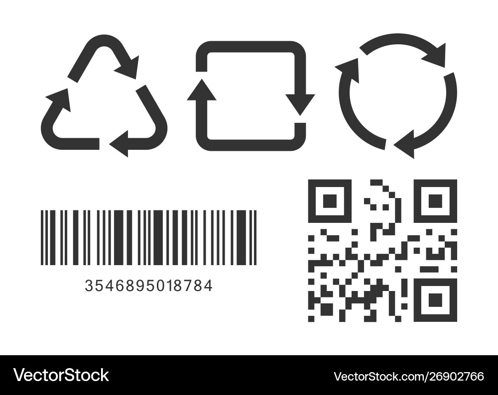 Three recycle icons with bar code and qr vector image