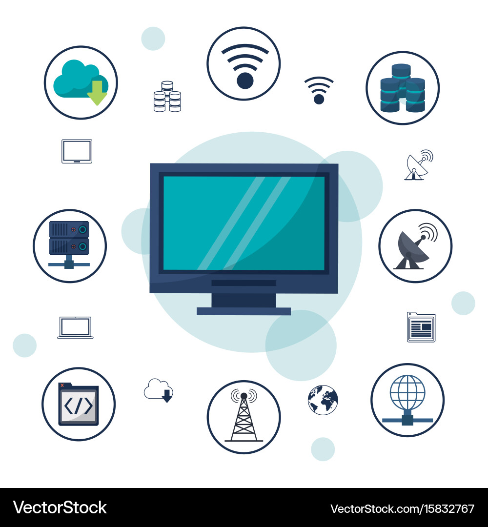 Color background with desktop computer and icons vector image