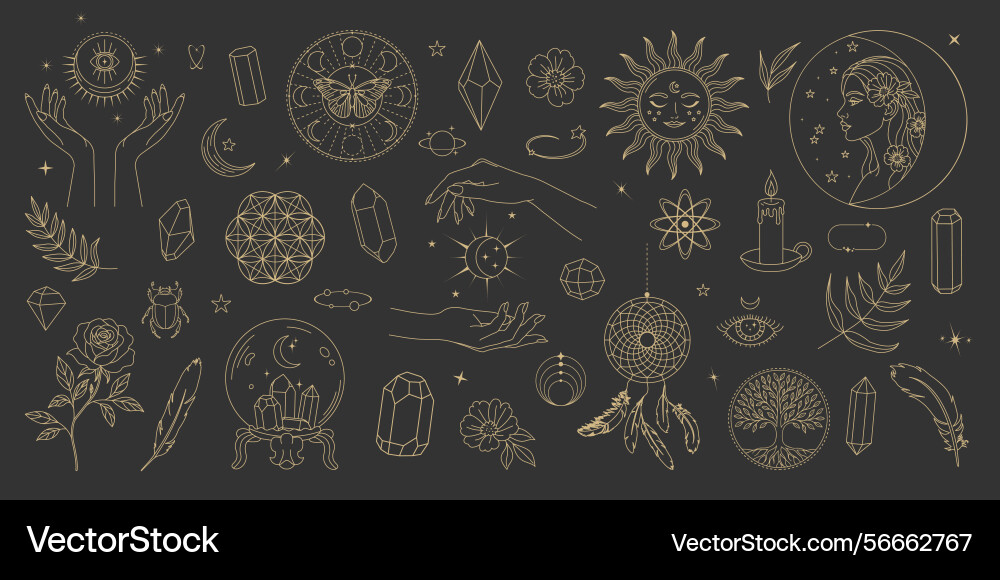 Mystical boho line art set with esoteric Vector Image