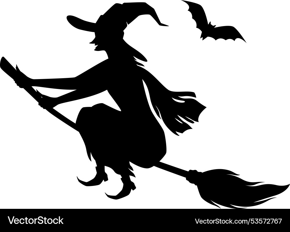 Silhouette of a witch flying on broom with bat Silhouette of a witch flying on broom with bat Vector Image