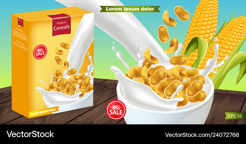 Cornflakes in Milchspritzer realistische Mock up Cornflakes in Milchspritzer realistische Mock up vektorbild