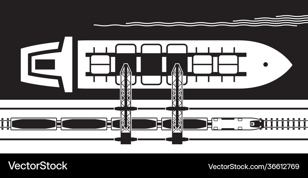 Crane transfers ore from train to a ship Crane transfers ore from train to a ship vector image