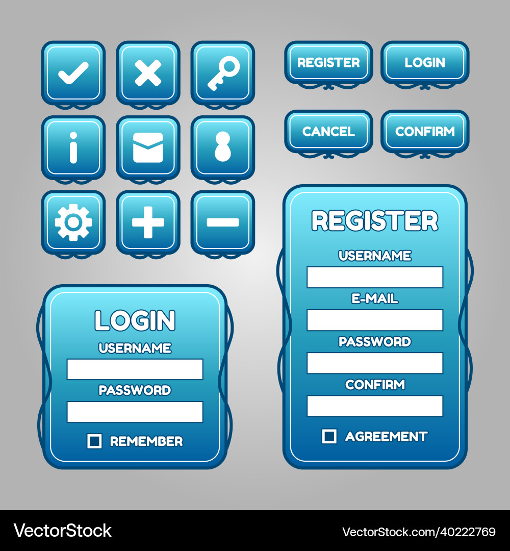 Game template gui kit interface log in page Game template gui kit interface log in page vector image