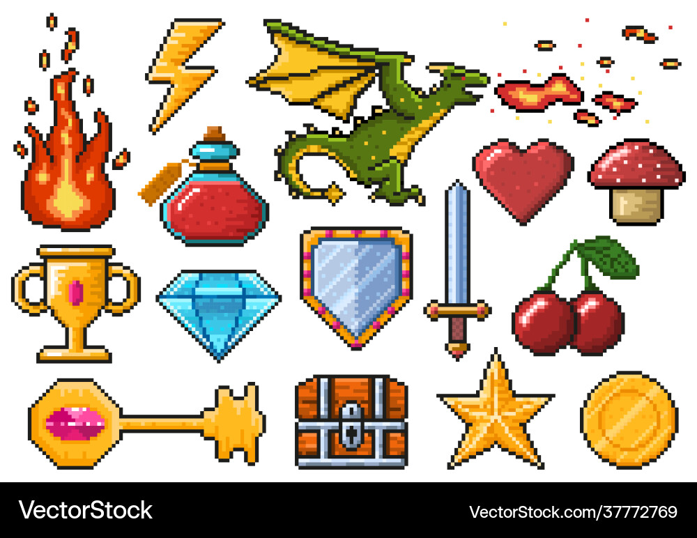 Pixel Spielelemente Spiele ui magische Elemente Feuer Pixel Spielelemente Spiele ui magische Elemente Feuer vektorbild
