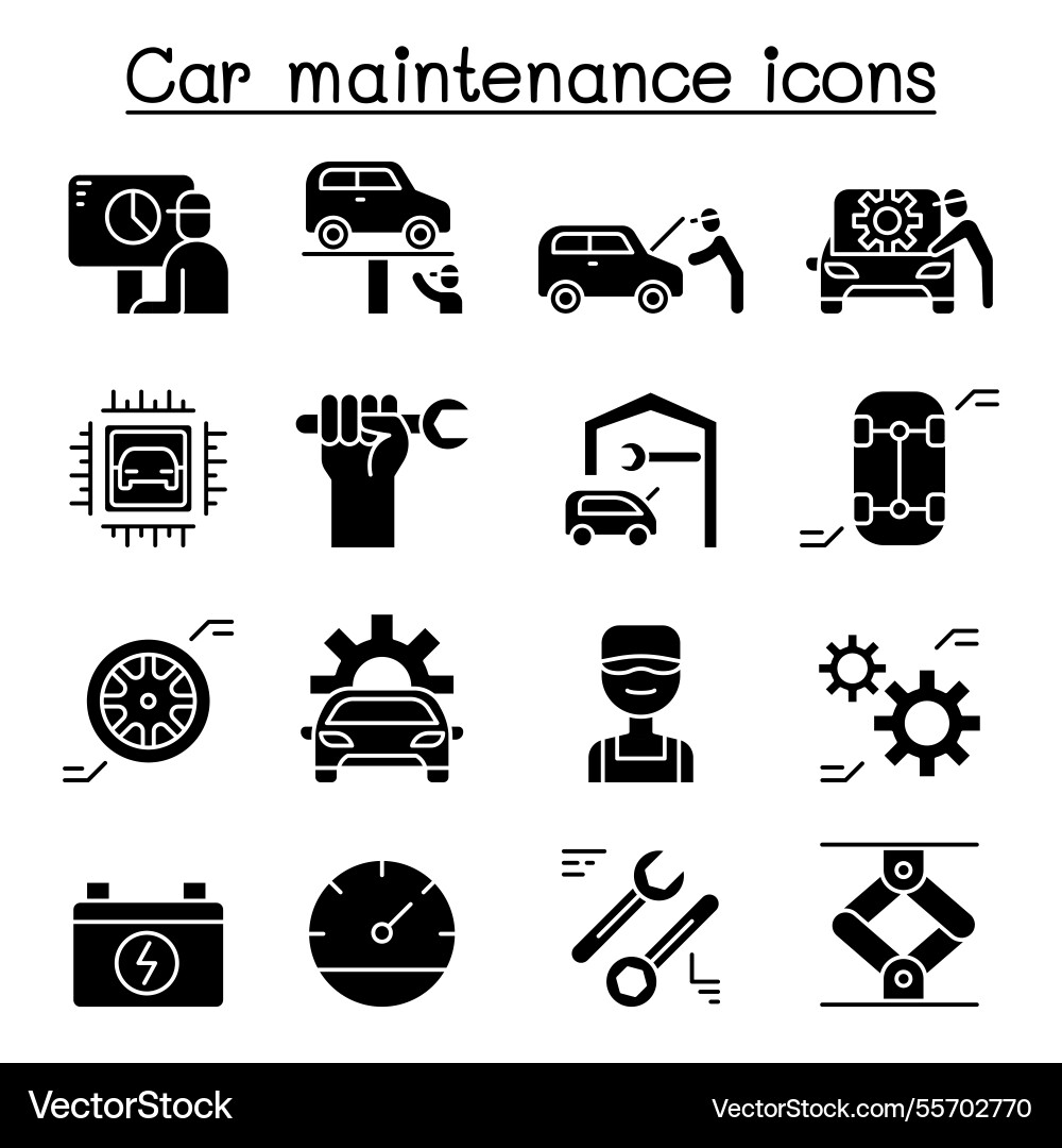 Car service and maintenance icon set in glyph Car service and maintenance icon set in glyph Vector Image