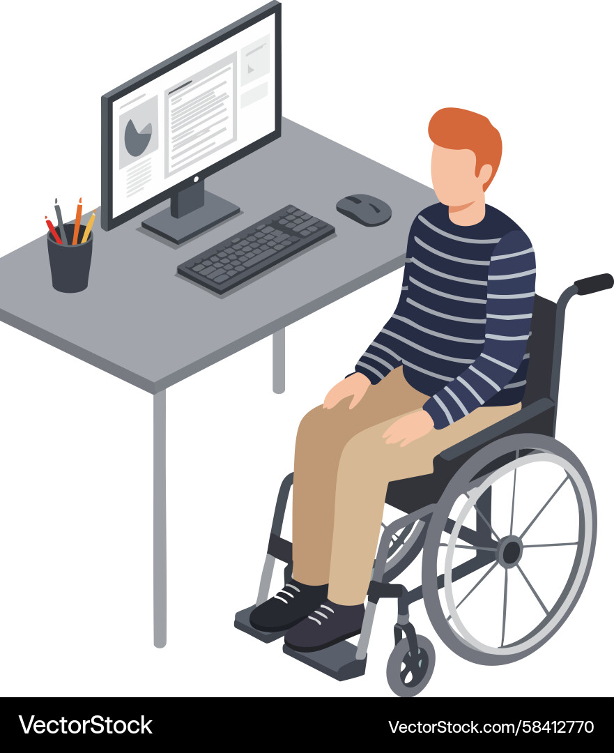 Man Working on Computer in Wheelchair Vector Image